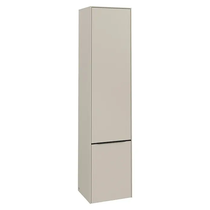 Villeroy & Boch Subway 3.0 Hochschrank - B x T x H: 40 x 36,2 x 171 cm, 2x Tür, Cashmere Grey, Farbe Griff: Volcano black, DIN Anschlag: Links - Ein hoher, beigefarbener Kleiderschrank mit schlichtem, modernem Design und zwei Türen für stilvolle Aufbewahrungslösungen im Raum.