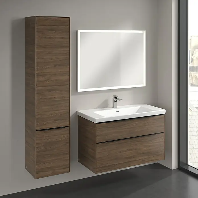 Villeroy & Boch Subway 3.0 Hochschrank - B x T x H: 40 x 36,2 x 171 cm, 2x Tür, Arizona Oak, Farbe Griff: Volcano black, DIN Anschlag: Links - Ein modernes Badezimmer-Set mit Waschtischunterschrank, Waschbecken, Spiegelschrank und Hochschrank in edlem Holzdesign.