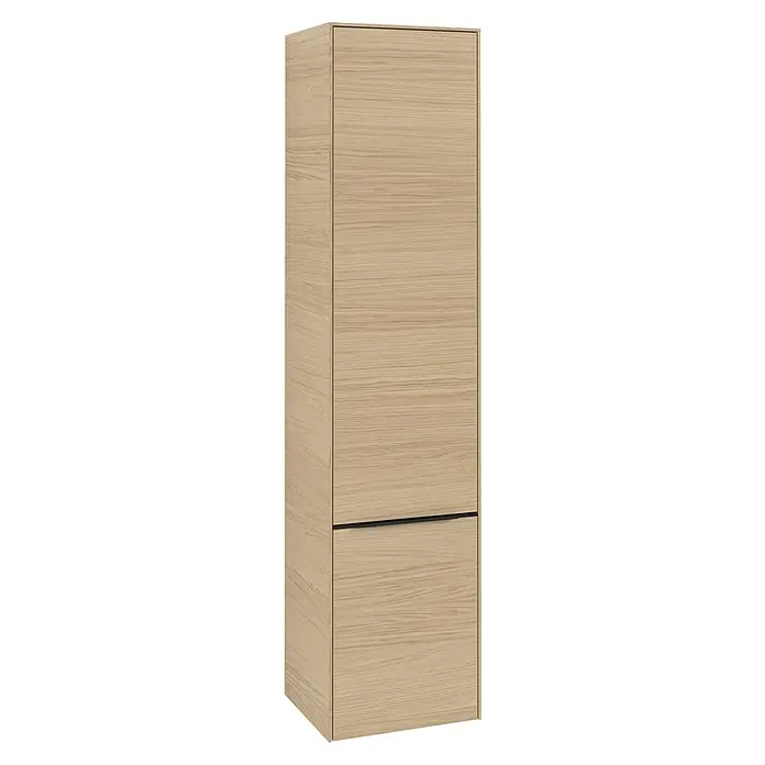 Villeroy & Boch Subway 3.0 Hochschrank - B x T x H: 40 x 36,2 x 171 cm, 2x Tür, Nordik oak, Farbe Griff: Volcano black, DIN Anschlag: Links - Ein schlanker Holzschrank mit schlichtem Design und minimalistischen Griffen, ideal für moderne Wohnräume mit seinem warmen Farbton.