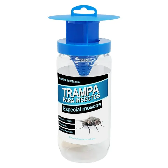 Trampa para moscas - 1 ud. - Una trampa para insectos diseñada específicamente para moscas, con una tapa azul y un contenedor transparente.
