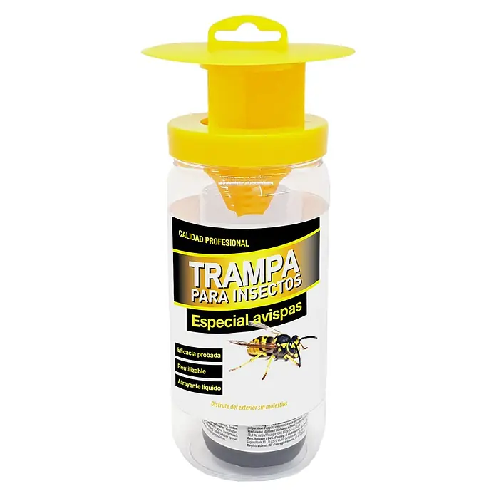 Trampa para avispas - 1 ud. - Trampa para avispas amarilla etiquetada como "Trampa para insectos", ideal para atrapar avispas en exteriores.