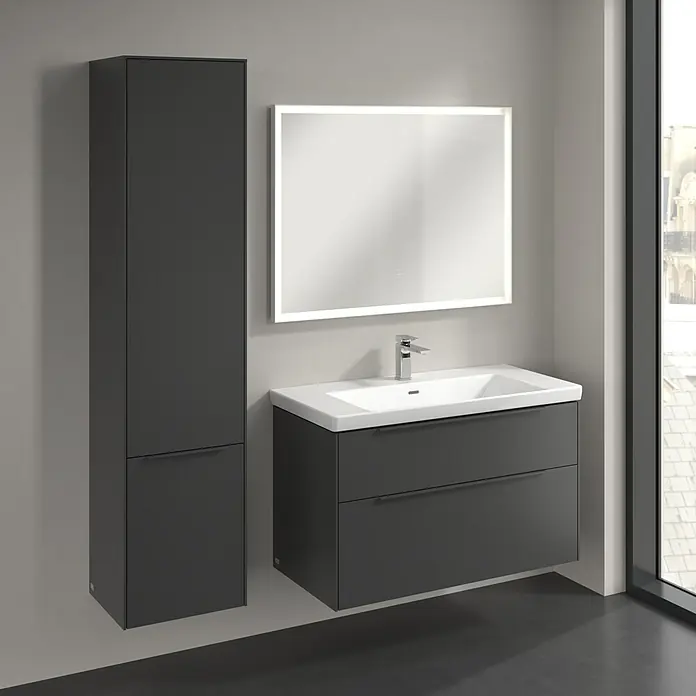 Villeroy & Boch Subway 3.0 Hochschrank - B x T x H: 40 x 36,2 x 171 cm, 2x Tür, Graphite, Farbe Griff: Graphite, DIN Anschlag: Links - Ein modernes Badezimmer-Set in Anthrazit mit Waschtischunterschrank, Waschbecken und Spiegelschrank mit Beleuchtung für stilvolle Einrichtung.