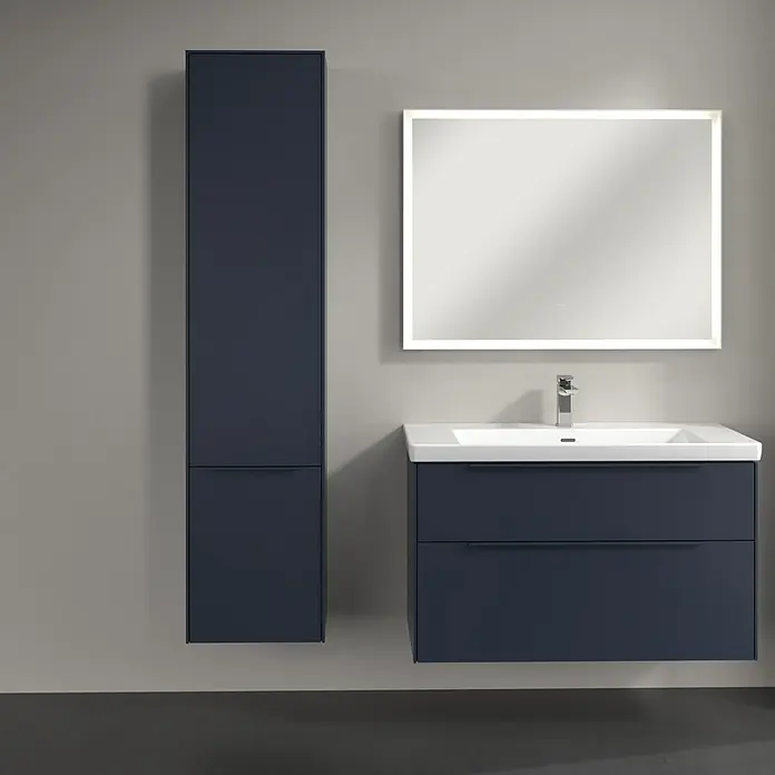 Villeroy & Boch Subway 3.0 Hochschrank - B x T x H: 40 x 36,2 x 171 cm, 2x Tür, Marine Blue, Farbe Griff: Marine Blue, DIN Anschlag: Links - Modernes Badezimmer-Set in Marineblau mit Waschbeckenunterschrank, Spiegelschrank und Hochschrank. Elegantes Design für ein stilvolles Bad.