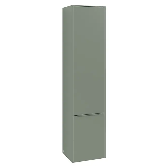 Villeroy & Boch Subway 3.0 Hochschrank - B x T x H: 40 x 36,2 x 171 cm, 2x Tür, Soft Green, Farbe Griff: Soft Green, DIN Anschlag: Links - Ein moderner, grauer Hochschrank mit einem schlichten, horizontalen Griff. Das Möbelstück bietet viel Stauraum für verschiedene Zwecke.