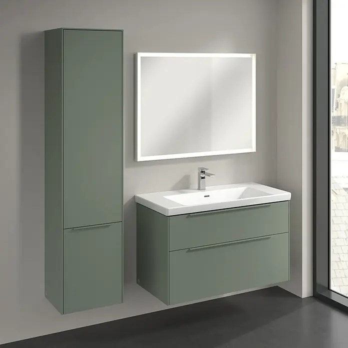 Villeroy & Boch Subway 3.0 Hochschrank - B x T x H: 40 x 36,2 x 171 cm, 2x Tür, Soft Green, Farbe Griff: Soft Green, DIN Anschlag: Links - Elegantes Badezimmer-Set in Grün mit Waschtischunterschrank, Waschbecken und Spiegelschrank. Moderne Badgestaltung für stilvolle Bäder.