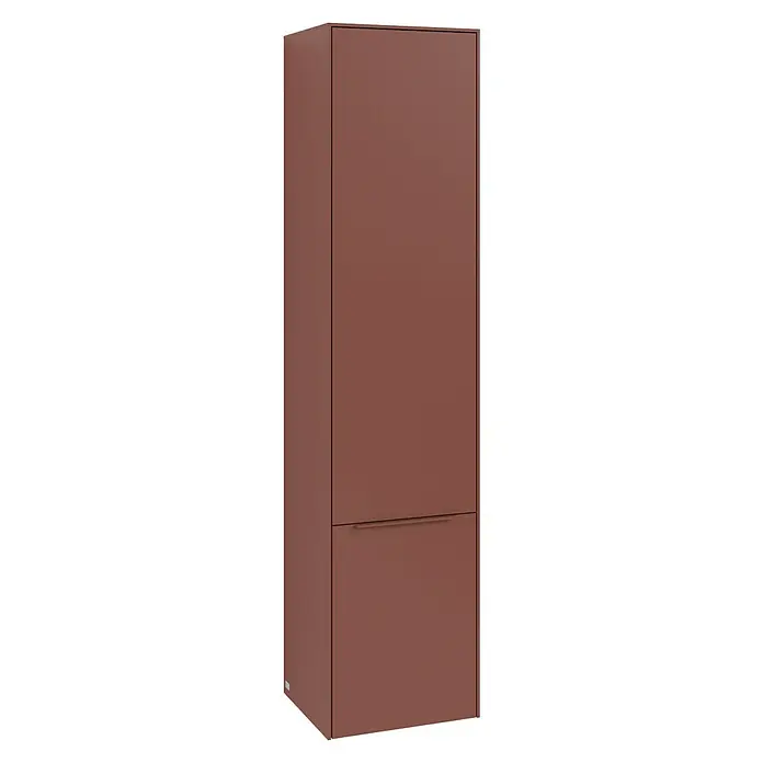 Villeroy & Boch Subway 3.0 Hochschrank - B x T x H: 40 x 36,2 x 171 cm, 2x Tür, Wine Red, Farbe Griff: Wine Red, DIN Anschlag: Links - Ein hochformatiger, kastanienbrauner Schrank mit einer Schublade im unteren Bereich. Klare Linien und minimalistisches Design.