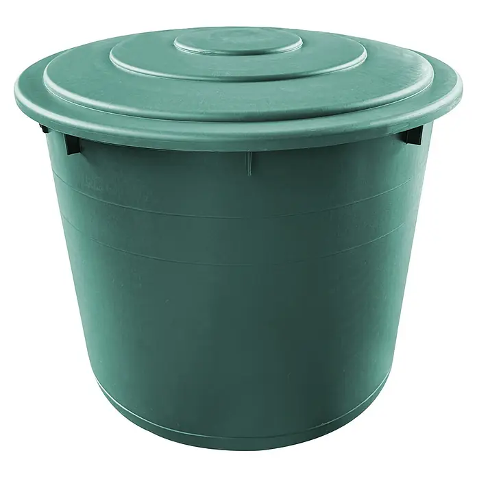 Regentonne - 510 l, Grün, Form: Rund - Ein grüner Kunststoff-Regenwassertank mit Deckel, ideal zur Gartenbewässerung und Wasserspeicherung im Freien.