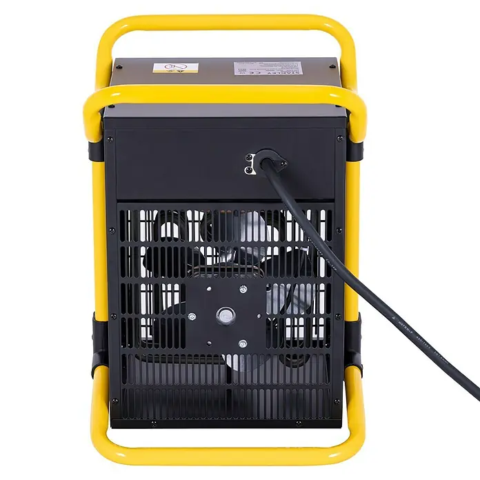 Stanley Heizlüfter SXJH203000E - 3.000 W, 30 m² - Ansicht der Rückseite einer Stanley Elektroheizung mit gelbem Rahmen und schwarzem Lüftungsgitter, das Bauteile zeigt.