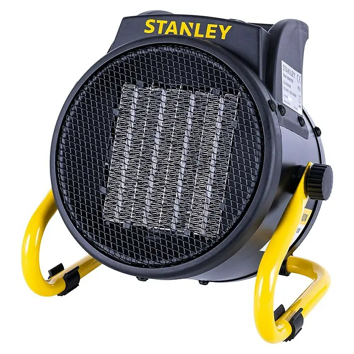 Stanley Keramik-Heizlüfter SXJH002000E - Schwarz. Gelb - Hier ist ein tragbarer Stanley Heizlüfter mit gelbem Gestell und schwarzem Gehäuse für den Innenbereich.