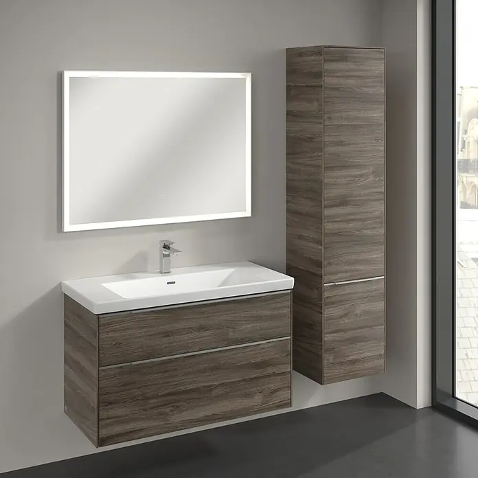 Villeroy & Boch Subway 3.0 Hochschrank - B x T x H: 40 x 36,2 x 171 cm, 2x Tür, Stone Oak, Farbe Griff: Aluminium glänzend, DIN Anschlag: Rechts - Modernes Badezimmer-Set mit Waschtischunterschrank, Waschbecken, Spiegelschrank und Hochschrank in Holzoptik.