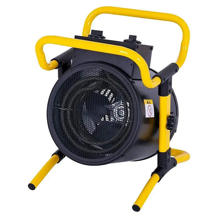 Stanley Keramik-Heizlüfter SXJH102000E - 2.000 W, Max. Luftleistung: 156 m³/h - Nahaufnahme einer Heizlüfter mit gelbem Rahmen und Schutzgitter, ideal für Werkstätten und Baustellen.