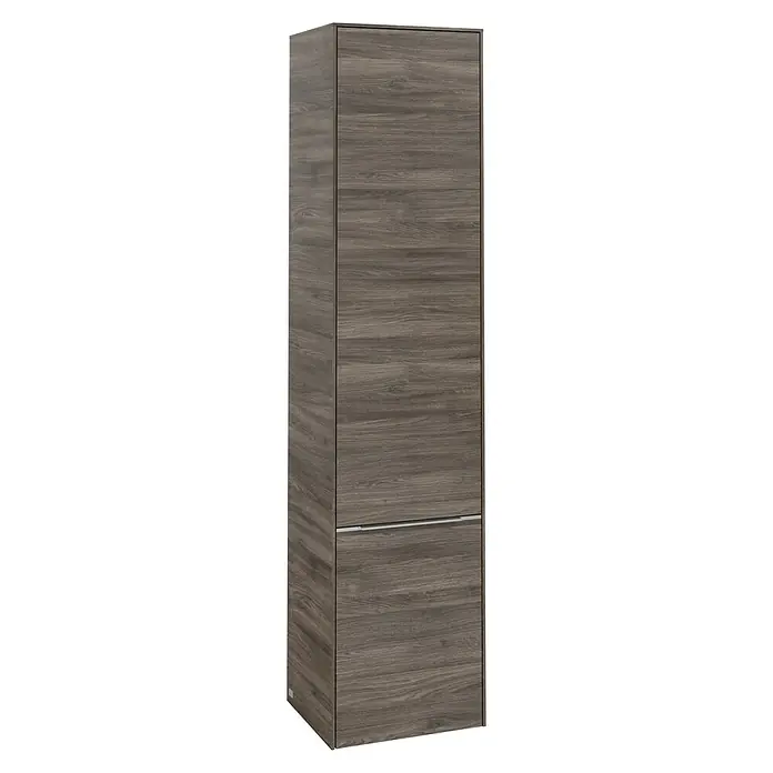 Villeroy & Boch Subway 3.0 Hochschrank - B x T x H: 40 x 36,2 x 171 cm, 2x Tür, Stone Oak, Farbe Griff: Aluminium glänzend, DIN Anschlag: Rechts - Ein schlanker, brauner Holzschrank mit einem modernen Design, ideal für stilvolle Stauraumlösungen in jedem Raum.