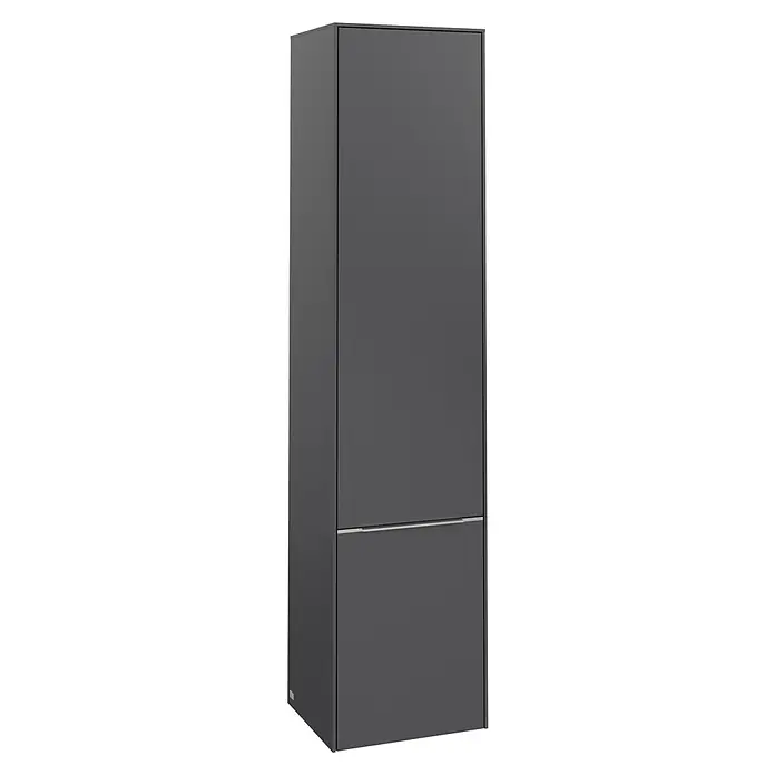 Villeroy & Boch Subway 3.0 Hochschrank - B x T x H: 40 x 36,2 x 171 cm, 2x Tür, Graphite, Farbe Griff: Aluminium glänzend, DIN Anschlag: Rechts - Ein eleganter, grauer Hochschrank mit minimalistischem Design und einem Schubfach im unteren Bereich. Praktisch und stilvoll.