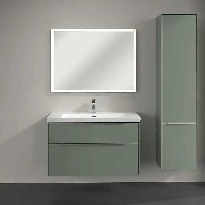 Villeroy & Boch Subway 3.0 Hochschrank - B x T x H: 40 x 36,2 x 171 cm, 2x Tür, Soft Green, Farbe Griff: Aluminium glänzend, DIN Anschlag: Rechts - Ein moderner Badezimmerschrank in Grün mit Waschbecken und beleuchtetem Spiegel für ein stilvolles Ambiente.