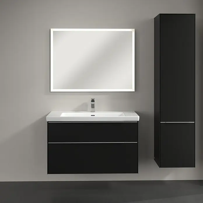 Villeroy & Boch Subway 3.0 Hochschrank - B x T x H: 40 x 36,2 x 171 cm, 2x Tür, Volcano Black, Farbe Griff: Aluminium glänzend, DIN Anschlag: Rechts - Modernes Badezimmer-Set mit schwarzem Waschtischunterschrank, Aufsatzwaschbecken, beleuchtetem Spiegel und passendem Hochschrank.