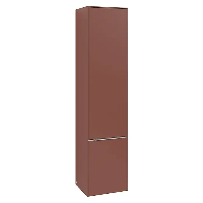 Villeroy & Boch Subway 3.0 Hochschrank - B x T x H: 40 x 36,2 x 171 cm, 2x Tür, Wine Red, Farbe Griff: Aluminium glänzend, DIN Anschlag: Rechts - Aufnahme eines hohen, schlanken Schuhschranks in einem warmen, rötlichen Farbton, der ein minimalistisches und modernes Möbelstück zeigt.