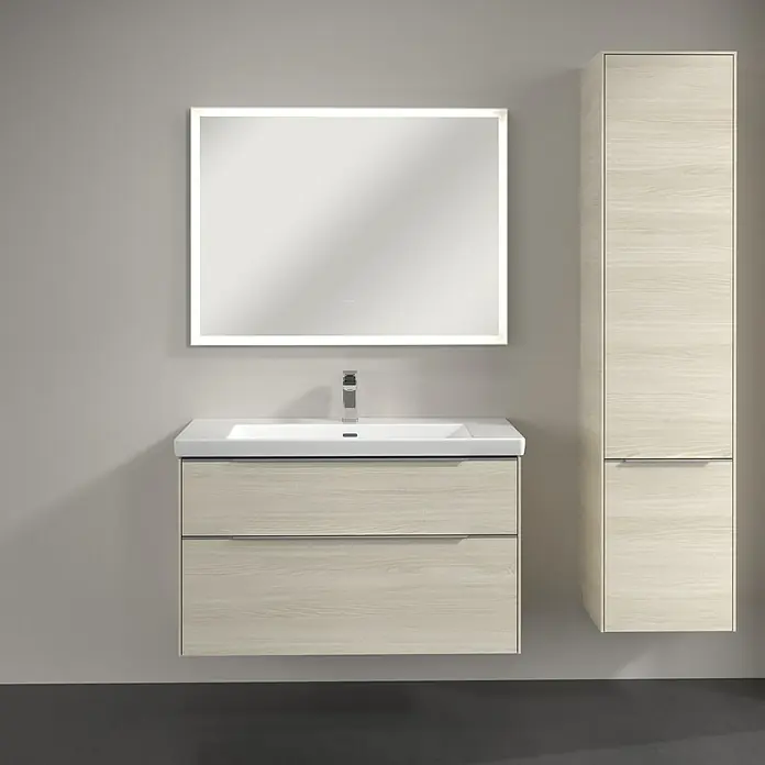 Villeroy & Boch Subway 3.0 Hochschrank - B x T x H: 40 x 36,2 x 171 cm, 2x Tür, White Oak, Farbe Griff: Aluminium glänzend, DIN Anschlag: Rechts - Badezimmereinrichtung mit Unterschrank, Waschtisch und Spiegelschrank mit Beleuchtung, sowie einem passenden Hochschrank in Holzoptik.