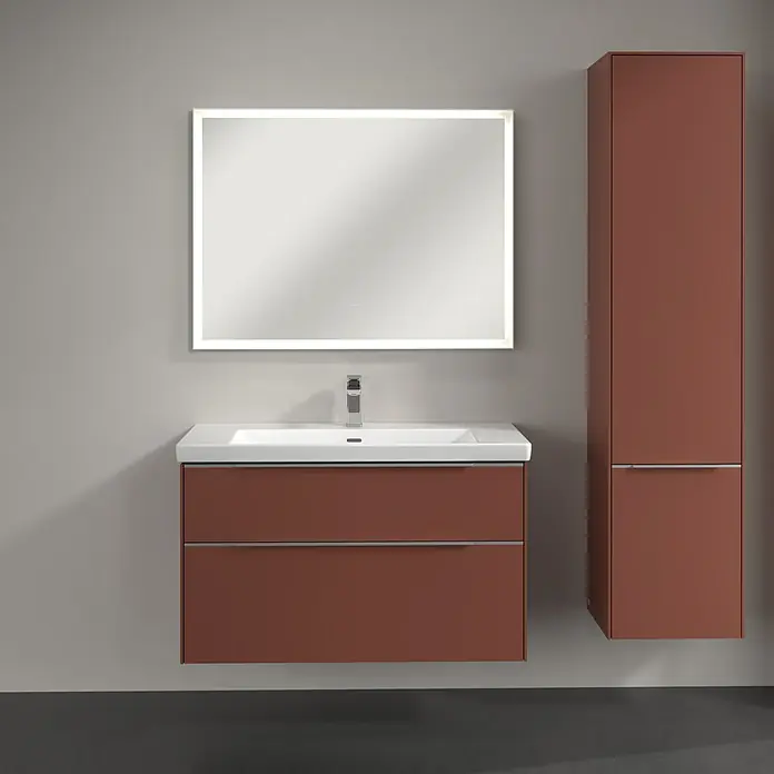 Villeroy & Boch Subway 3.0 Hochschrank - B x T x H: 40 x 36,2 x 171 cm, 2x Tür, Wine Red, Farbe Griff: Aluminium glänzend, DIN Anschlag: Rechts - Moderne Badezimmerkonsole mit Waschbecken, LED-Spiegel und passendem Hochschrank in Terrakotta. Stilvolles Design für Ihr Bad.