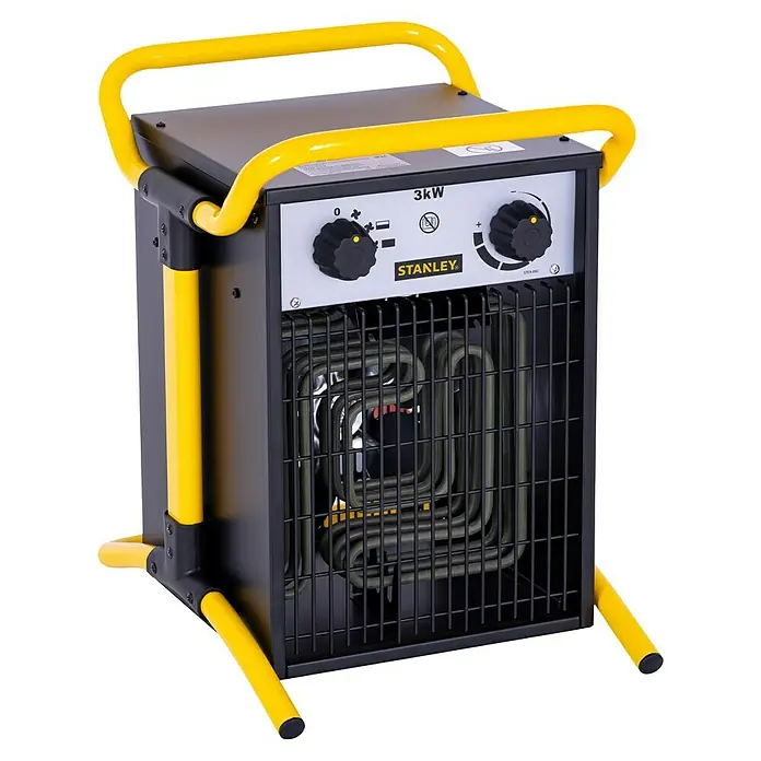 Stanley Heizlüfter SXJH203000E - 3.000 W, 30 m² - Abbildung einer Stanley 3kW Elektroheizung mit gelbem Rahmen und schwarzem Gitter.