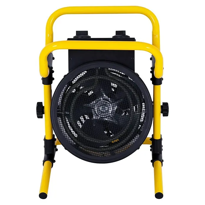 Stanley Keramik-Heizlüfter SXJH102000E - 2.000 W, Max. Luftleistung: 156 m³/h - Nahaufnahme eines tragbaren Heizlüfters mit gelbem Rahmen und schwarzem Gitter, ideal für Baustellen.