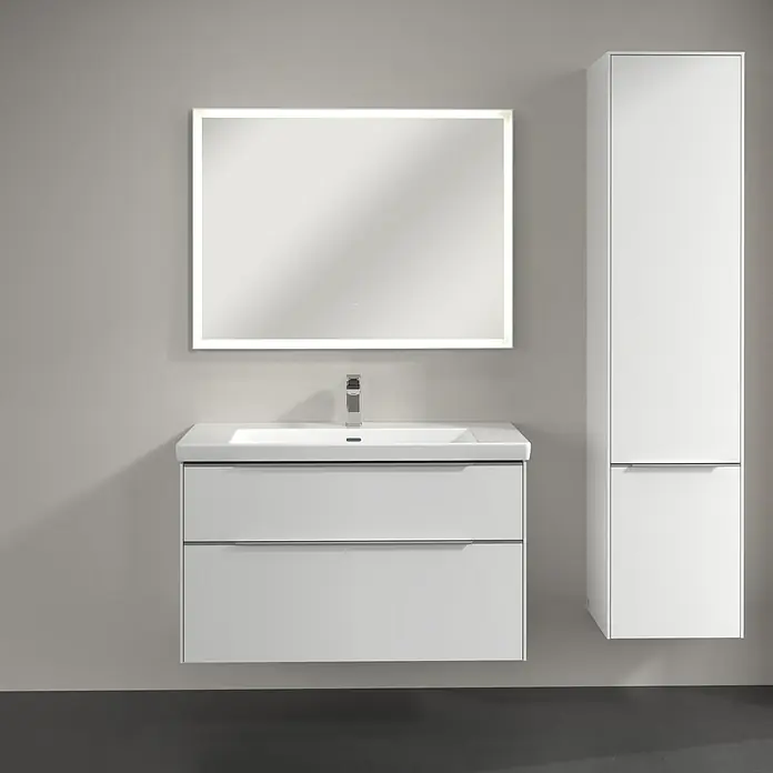 Villeroy & Boch Subway 3.0 Hochschrank - B x T x H: 40 x 36,2 x 171 cm, 2x Tür, Pure White, Farbe Griff: Aluminium glänzend, DIN Anschlag: Rechts - Badezimmer-Set mit weißem Waschtischunterschrank, Spiegelschrank mit Beleuchtung und Hochschrank für ein modernes Bad.