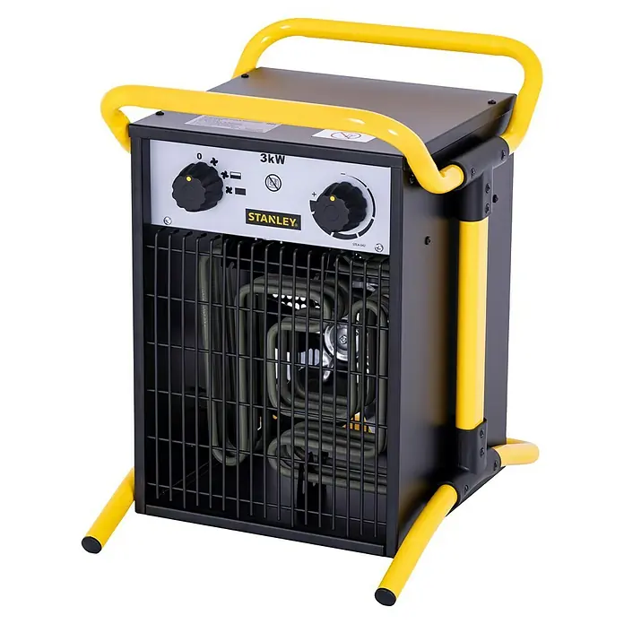 Stanley Heizlüfter SXJH203000E - 3.000 W, 30 m² - Abbildung einer Stanley 3kW Elektroheizung mit gelbem Rahmen und Bedienelementen auf der Vorderseite.