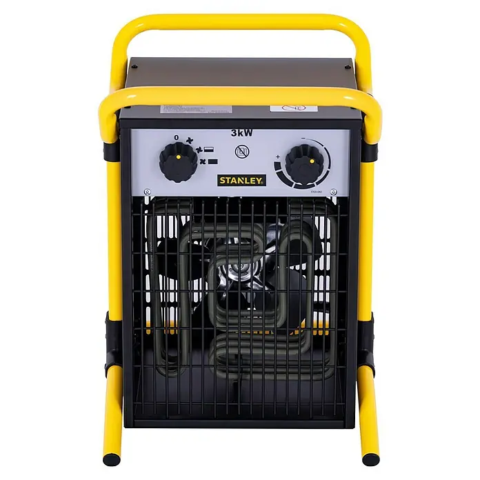 Stanley Heizlüfter SXJH203000E - 3.000 W, 30 m² - Das Bild zeigt einen Stanley 3kW Heizlüfter mit gelbem Schutzrahmen. Der Heizlüfter hat ein schwarzes Gitter und Bedienelemente oben.