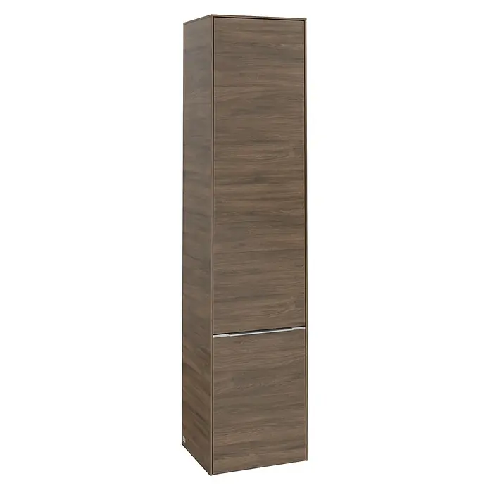 Villeroy & Boch Subway 3.0 Hochschrank - B x T x H: 40 x 36,2 x 171 cm, 2x Tür, Arizona Oak, Farbe Griff: Aluminium glänzend, DIN Anschlag: Rechts - Schlanker Holzschrank mit dunkler Maserung und einer silbernen Griffleiste im unteren Bereich für ein modernes Erscheinungsbild.