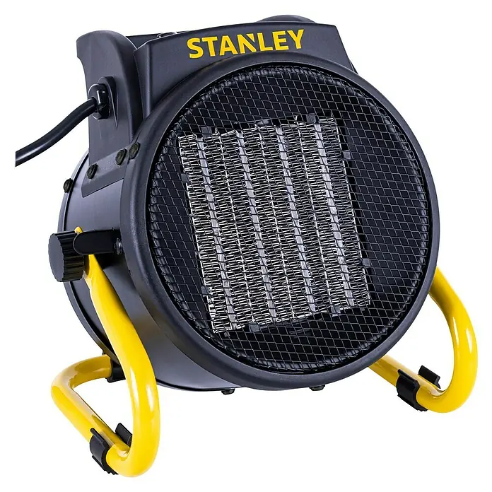 Stanley Keramik-Heizlüfter SXJH002000E - Schwarz. Gelb - Abbildung eines tragbaren Stanley Heizlüfters in Schwarz und Gelb, ideal für Werkstatt oder Baustelle.