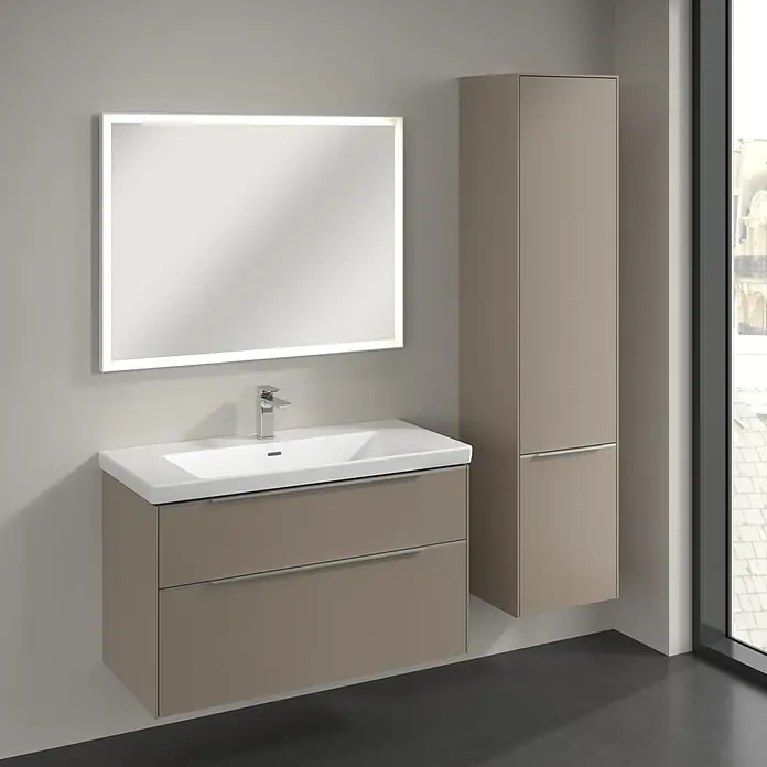 Villeroy & Boch Subway 3.0 Hochschrank - B x T x H: 40 x 36,2 x 171 cm, 2x Tür, Taupe, Farbe Griff: Aluminium glänzend, DIN Anschlag: Rechts - Modernes Badezimmer-Ensemble mit Waschtischunterschrank, Aufsatzwaschbecken und Spiegelschrank für ein stilvolles Ambiente.