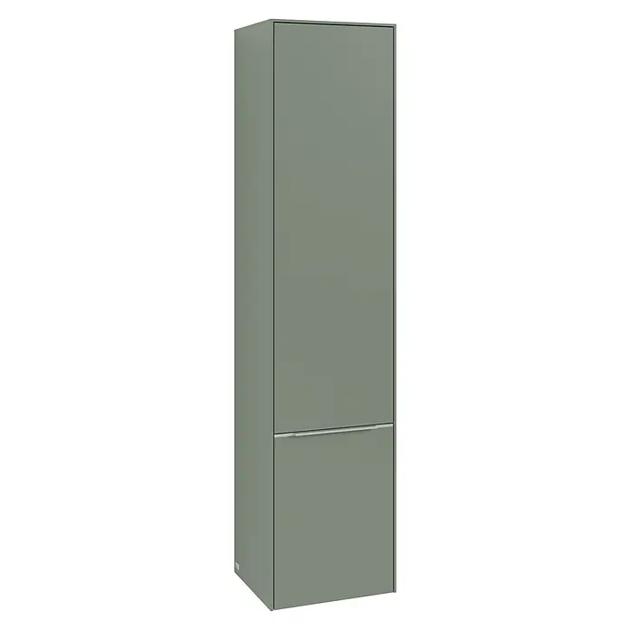 Villeroy & Boch Subway 3.0 Hochschrank - B x T x H: 40 x 36,2 x 171 cm, 2x Tür, Soft Green, Farbe Griff: Aluminium glänzend, DIN Anschlag: Rechts - Ein schlanker, zweitüriger Wandschrank in einem sanften Grünton mit einem minimalistischen, silbernen Griff zur einfachen Bedienung.