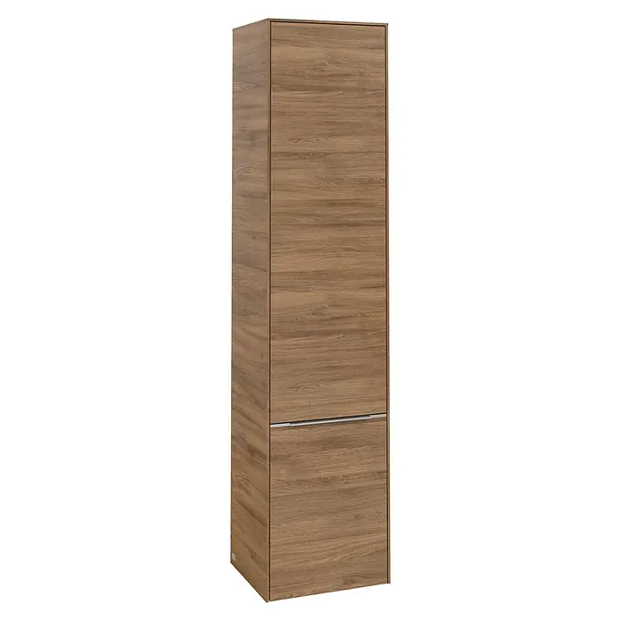 Villeroy & Boch Subway 3.0 Hochschrank - B x T x H: 40 x 36,2 x 171 cm, 2x Tür, Kansas Oak, Farbe Griff: Aluminium glänzend, DIN Anschlag: Rechts - Ein hochformatiger, schmaler Holzschrank in warmen Brauntönen, der moderne Eleganz und Funktionalität in jedem Raum vereint.