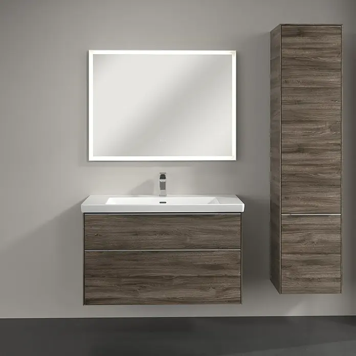 Villeroy & Boch Subway 3.0 Hochschrank - B x T x H: 40 x 36,2 x 171 cm, 2x Tür, Stone Oak, Farbe Griff: Aluminium glänzend, DIN Anschlag: Rechts - Modernes Badezimmer-Set mit Waschbeckenunterschrank, Spiegel mit Beleuchtung und Hochschrank in Holzoptik.
