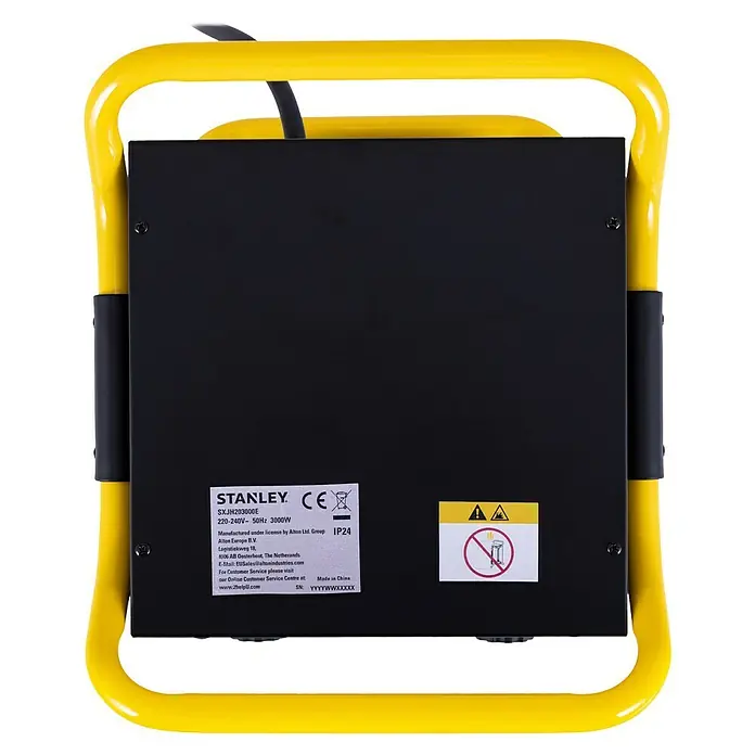 Stanley Heizlüfter SXJH203000E - 3.000 W, 30 m² - Das Stanley SXJH203000E Arbeitslicht mit gelbem Rahmen, 220-240V, 50Hz, 3000W, bietet robuste Beleuchtung für den professionellen Einsatz.