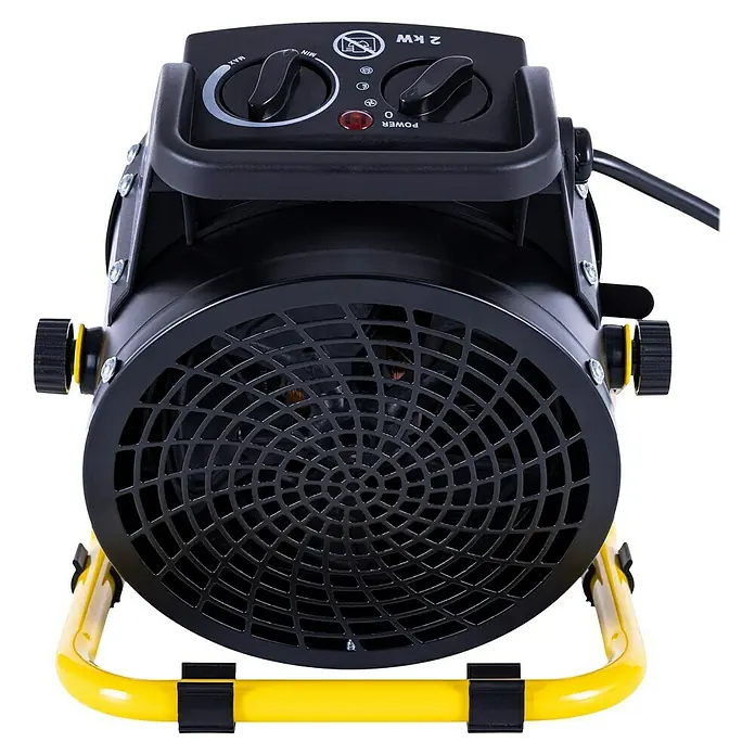 Stanley Keramik-Heizlüfter SXJH002000E - Schwarz. Gelb - Nahaufnahme einer tragbaren, schwarzen 2-kW-Industrieheizung mit gelbem Rahmen, die für Baustellen oder Werkstätten geeignet ist.