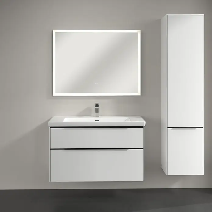 Villeroy & Boch Subway 3.0 Hochschrank - B x T x H: 40 x 36,2 x 171 cm, 2x Tür, Pure White, Farbe Griff: Volcano black, DIN Anschlag: Rechts - Badezimmer-Waschtisch mit Spiegel und Hochschrank. Das moderne Design in Weiß sorgt für ein stilvolles Ambiente im Bad.