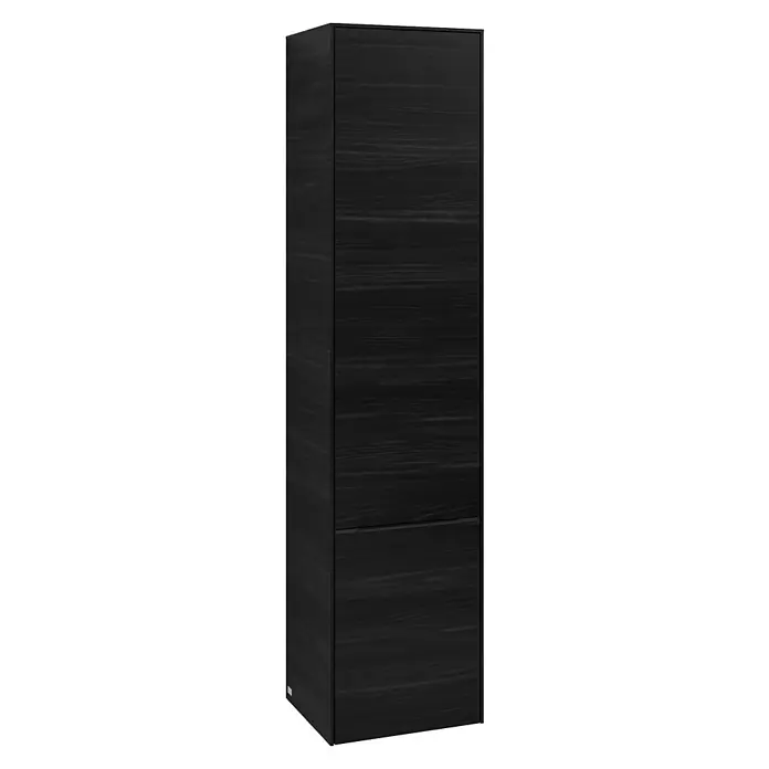 Villeroy & Boch Subway 3.0 Hochschrank - B x T x H: 40 x 36,2 x 171 cm, 2x Tür, Black Oak, Farbe Griff: Volcano black, DIN Anschlag: Rechts - Schwarzer Badezimmerschrank mit Holzmaserung und silberfarbenen Akzenten. Stilvolle Badmöbel zur Aufbewahrung von Badutensilien.
