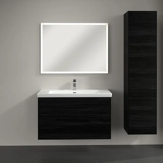 Villeroy & Boch Subway 3.0 Hochschrank - B x T x H: 40 x 36,2 x 171 cm, 2x Tür, Black Oak, Farbe Griff: Volcano black, DIN Anschlag: Rechts - Elegantes Badezimmer-Set mit einem Unterschrank in dunkler Holzoptik, einem beleuchteten Spiegel und einem passenden Hochschrank. Ideal für moderne Bäder.