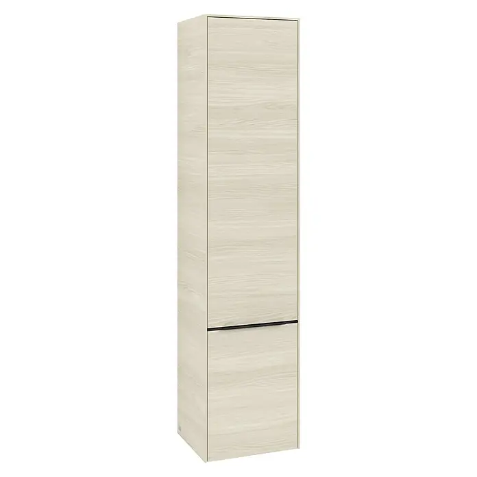 Villeroy & Boch Subway 3.0 Hochschrank - B x T x H: 40 x 36,2 x 171 cm, 2x Tür, White Oak, Farbe Griff: Volcano black, DIN Anschlag: Rechts - Elegantes, holzfarbenes Möbelstück mit schlichtem, modernem Design, ideal für stilvolle Stauraumlösungen in jedem Raum.
