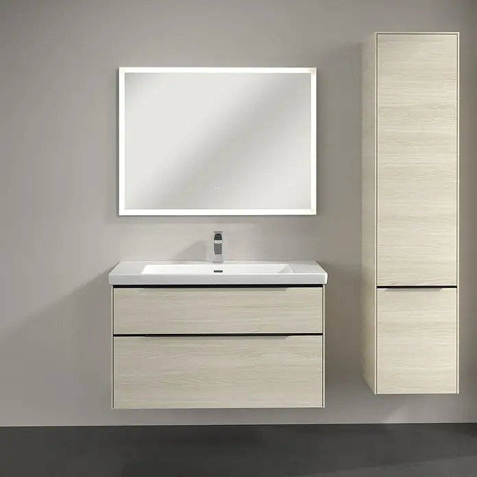 Villeroy & Boch Subway 3.0 Hochschrank - B x T x H: 40 x 36,2 x 171 cm, 2x Tür, White Oak, Farbe Griff: Volcano black, DIN Anschlag: Rechts - Badezimmer-Waschtisch mit Unterschrank und beleuchtetem Spiegel, ergänzt durch einen Hochschrank. Modernes Design für das Badezimmer.