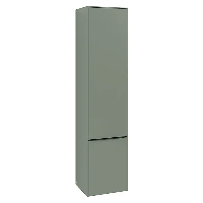 Villeroy & Boch Subway 3.0 Hochschrank - B x T x H: 40 x 36,2 x 171 cm, 2x Tür, Soft Green, Farbe Griff: Volcano black, DIN Anschlag: Rechts - Ein moderner, grauer Einbauschrank mit minimalistischem Design. Ideal für stilvolle Raumlösungen und zusätzlichen Stauraum.