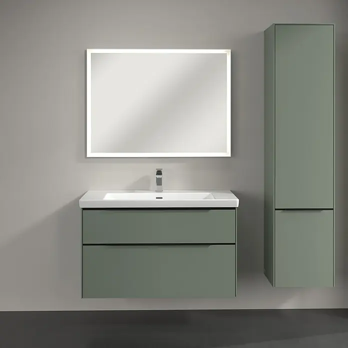Villeroy & Boch Subway 3.0 Hochschrank - B x T x H: 40 x 36,2 x 171 cm, 2x Tür, Soft Green, Farbe Griff: Volcano black, DIN Anschlag: Rechts - Moderne Badezimmer-Kombination mit grünem Waschtischunterschrank, Aufsatzwaschbecken, LED-Spiegel und passendem Hochschrank für Stauraum.