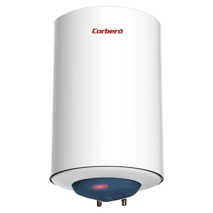Corberó Termo eléctrico CTMBA80 - 80 l, 1.500 W, Montaje en la pared - Un moderno calentador de agua Corberó blanco con base azul y luz indicadora roja.