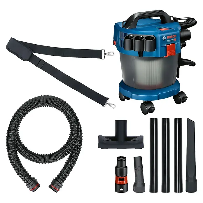 Bosch Professional AMPShare 18V Akku-Nass-Trockensauger GAS 18V-10 L Kit - 18 V, Ohne Akku, Behältervolumen: 10 l - Das Bild zeigt einen blauen Bosch Professional Staubsauger mit Zubehör. Er ist mit einem Tragegurt, Schlauch, Düsen und Rohren ausgestattet.
