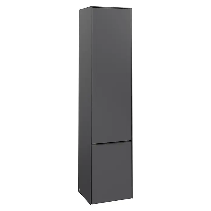 Villeroy & Boch Subway 3.0 Hochschrank - B x T x H: 40 x 36,2 x 171 cm, 2x Tür, Graphite, Farbe Griff: Volcano black, DIN Anschlag: Rechts - Ein moderner, grauer Kleiderschrank mit zwei Türen, der Funktionalität und minimalistisches Design vereint. Ideal für moderne Wohnräume.