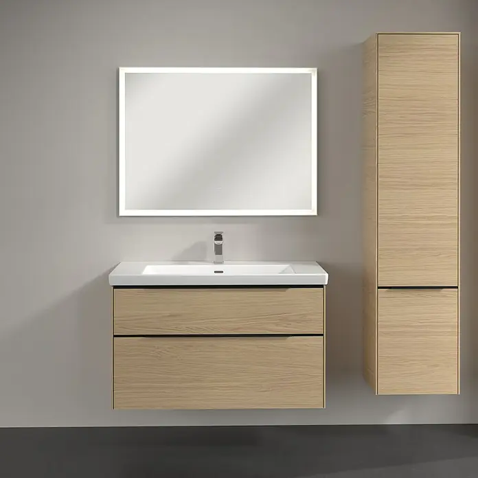 Villeroy & Boch Subway 3.0 Hochschrank - B x T x H: 40 x 36,2 x 171 cm, 2x Tür, Nordik oak, Farbe Griff: Volcano black, DIN Anschlag: Rechts - Elegantes Badezimmer-Set mit Waschtischunterschrank in Holzoptik, beleuchtetem Spiegel und Hochschrank für ein modernes Ambiente.