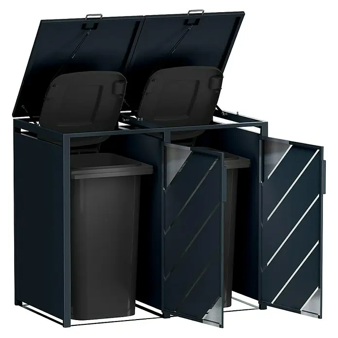 Metzler Mülltonnenbox - 132 x 80 cm, Stahl, Anthrazit, Geeignet für Anzahl Mülltonnen: 2 Stk. - Mülltonnenbox mit zwei Mülltonnen. Die Box hat einen Deckel und ist grau. Die Mülltonnen sind ebenfalls grau und stehen in der Box.