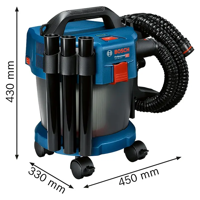 Bosch Professional AMPShare 18V Akku-Nass-Trockensauger GAS 18V-10 L Kit - 18 V, Ohne Akku, Behältervolumen: 10 l - Produktansicht des Bosch GAS 18V-10 L Akku-Nass-Trockensaugers mit den Maßen 430x330x450 mm.