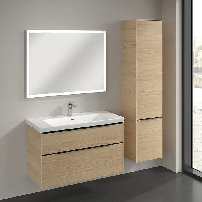 Villeroy & Boch Subway 3.0 Hochschrank - B x T x H: 40 x 36,2 x 171 cm, 2x Tür, Nordik oak, Farbe Griff: Volcano black, DIN Anschlag: Rechts - Elegantes Badezimmer-Set mit Waschtischunterschrank, Aufsatzwaschbecken, Spiegelschrank mit Beleuchtung und Hochschrank in Holzoptik.