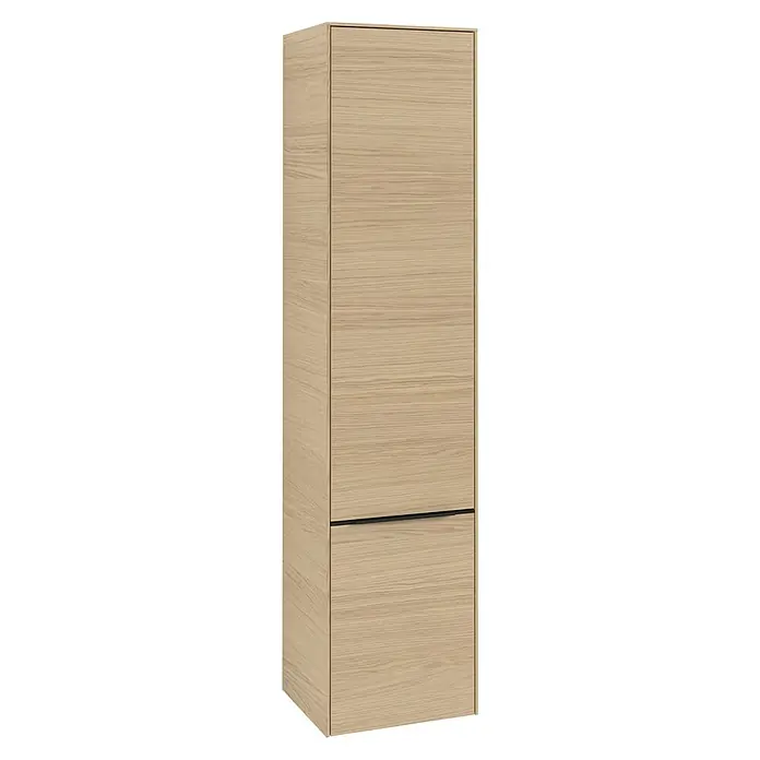 Villeroy & Boch Subway 3.0 Hochschrank - B x T x H: 40 x 36,2 x 171 cm, 2x Tür, Nordik oak, Farbe Griff: Volcano black, DIN Anschlag: Rechts - Ein hoher Holzschrank mit zwei Fächern. Der Schrank hat ein schlichtes, modernes Design und bietet viel Stauraum. Die Holzmaserung ist gut sichtbar.